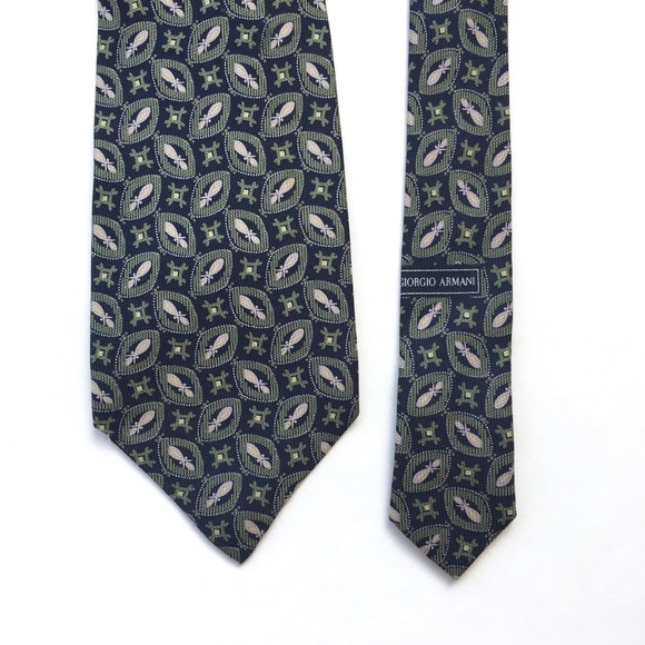 Giorgio Armani Cravatte Silk Tie Navy Green Print - Picture 2 of 3